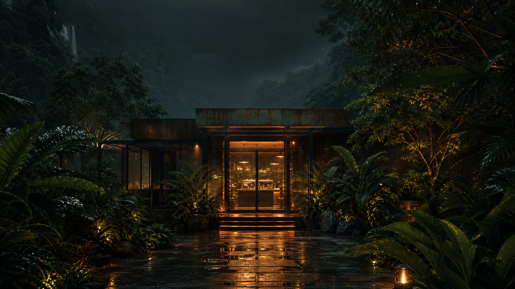 雨夜雨林中亮着暖光的咖啡馆门头